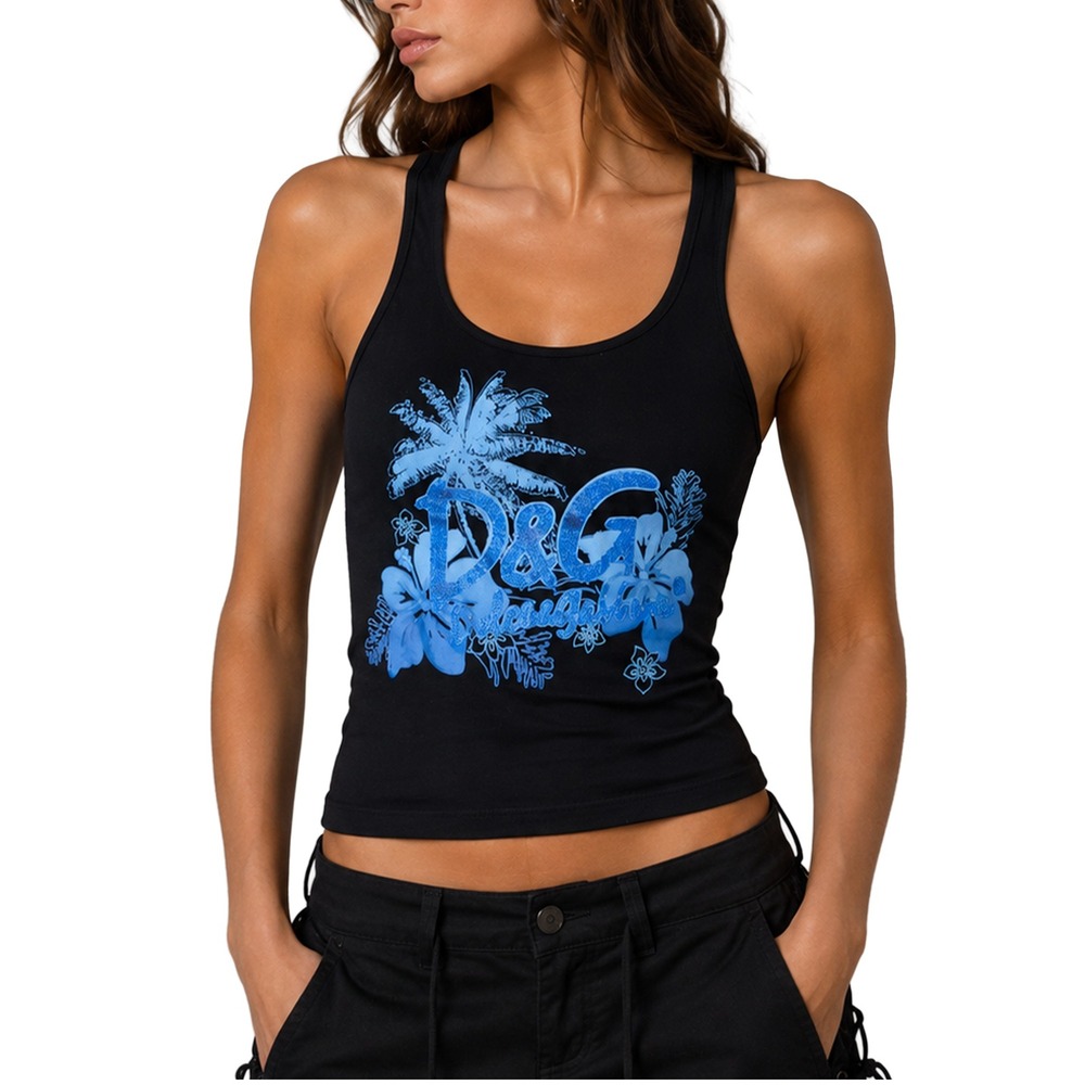 D&G Dolce & Gabbana Vintage Black Tropical Glitter Logo Racerback Tank Top 42